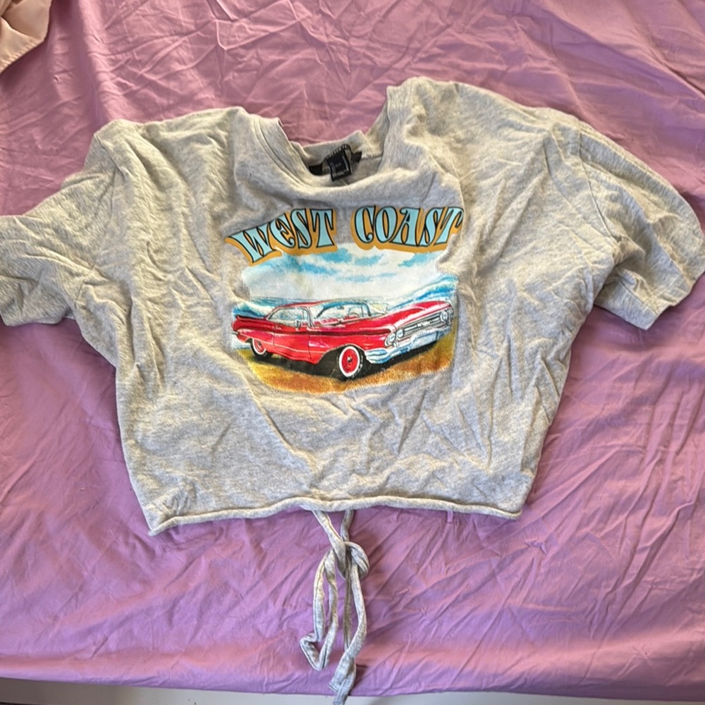 Gray and Red Crop Top with Vintage Car Graphic